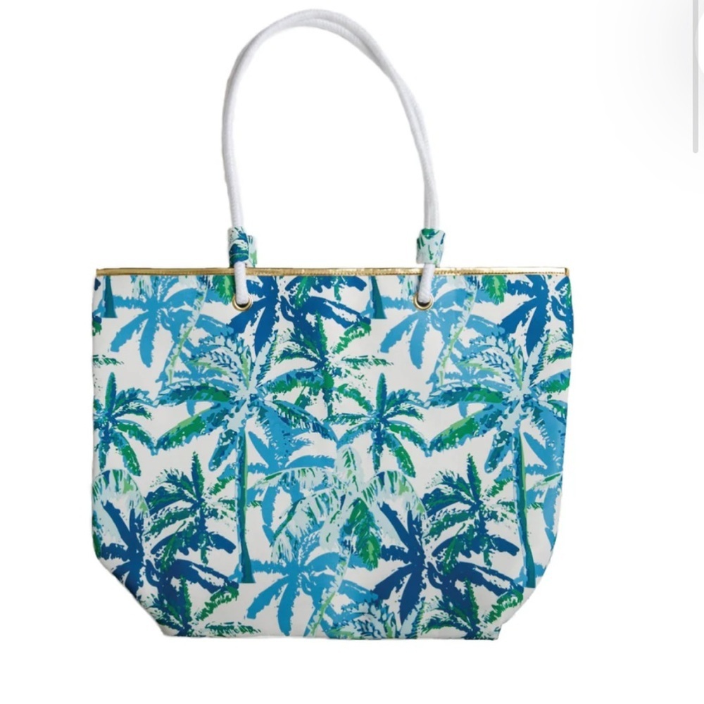 Top It Off Catalina Tote Bag Tropical Palm Print Tote Bag Blue and Green